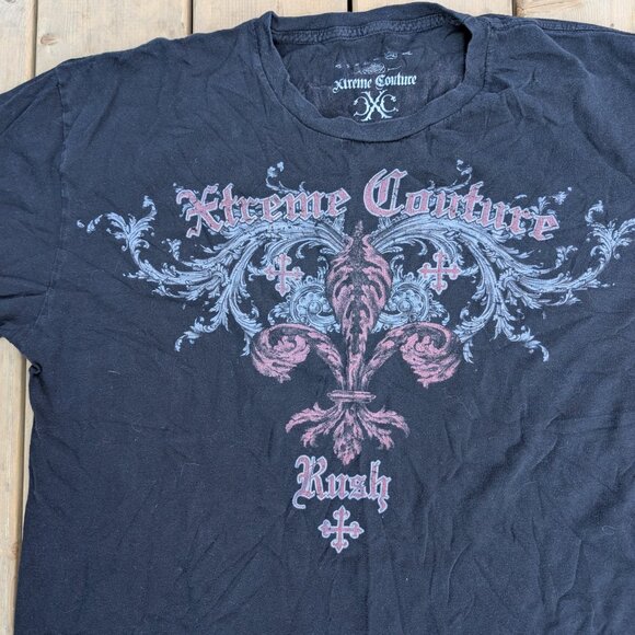 Vintage Y2K Xtreme Couture T-Shirt Men 2XL Black Graphic Print Crew Neck Retro - Picture 2 of 8